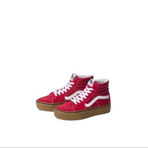 Red suede platform VANS with bubblegum sole